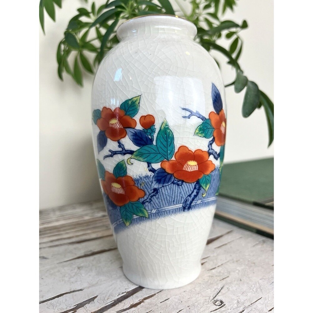 Vintage Apex Quality Japan Camelia Crazed Vase Orange Flowers Blue Green Foliage